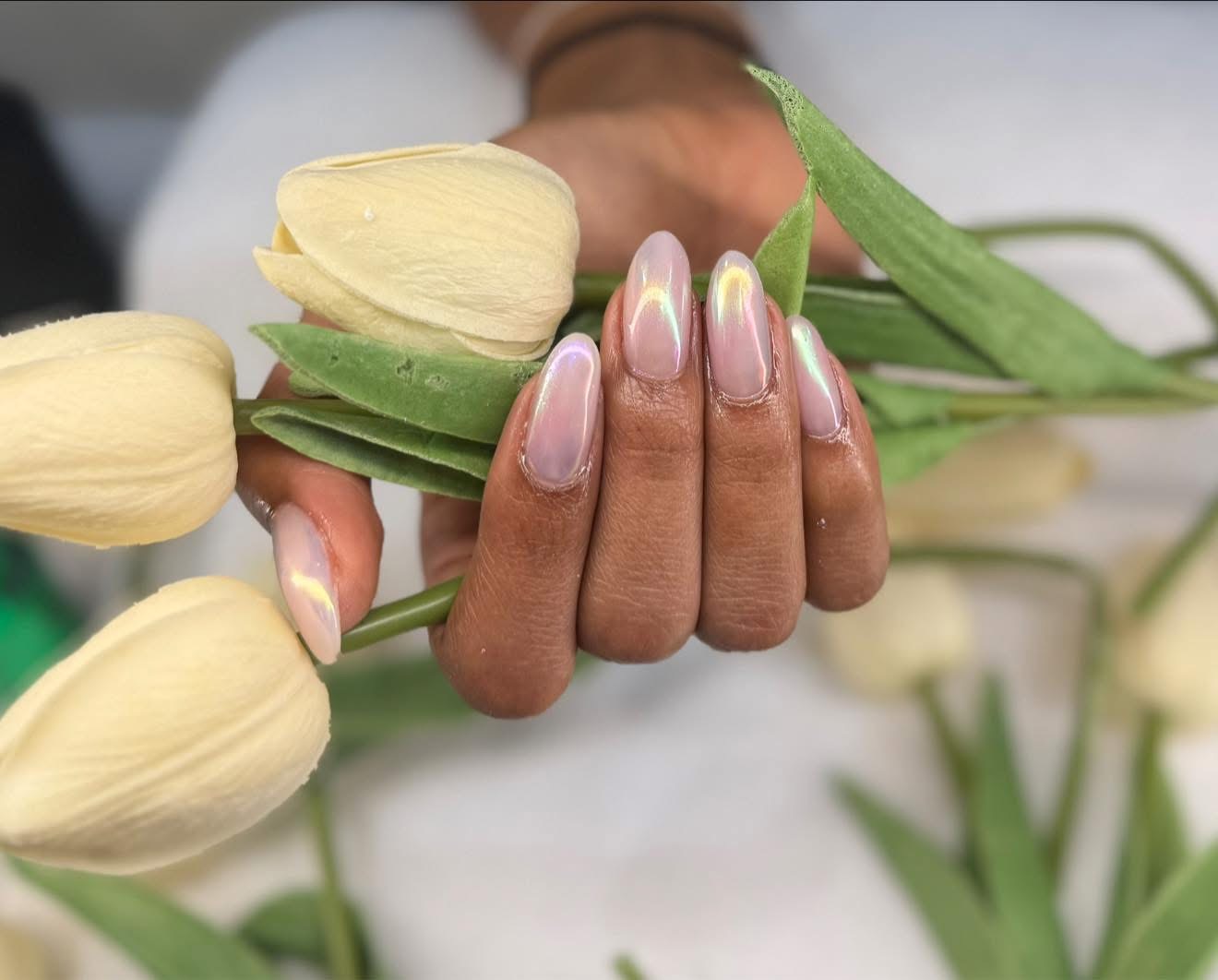 Iridescent pink chrome manicure