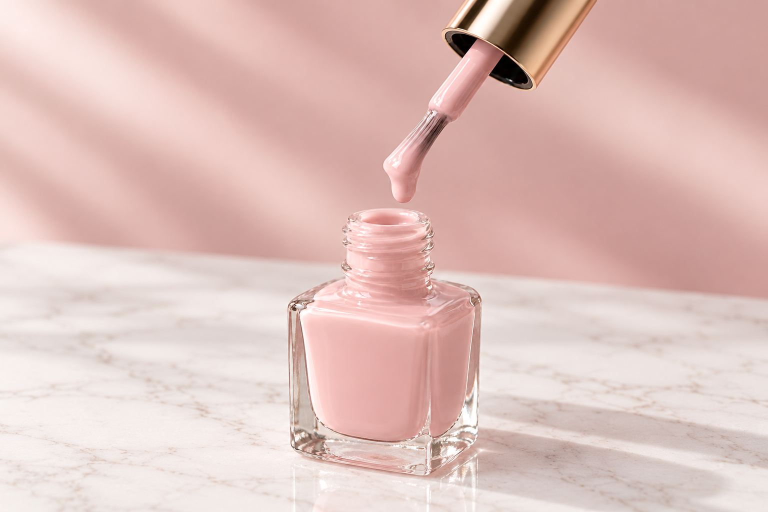 Baby pink nail polish with a brush above the bottle
